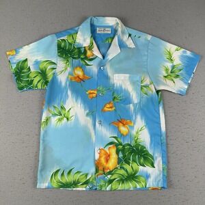 Vintage‎ Hukilau Fashions Shirt Men's Medium Blue Tropical Hibiscus Hawaiian